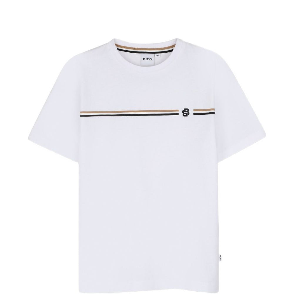 T-shirt per bambino Boss Kids bianca con motivo a righe orizzontali J53412 10P BOSS KIDS