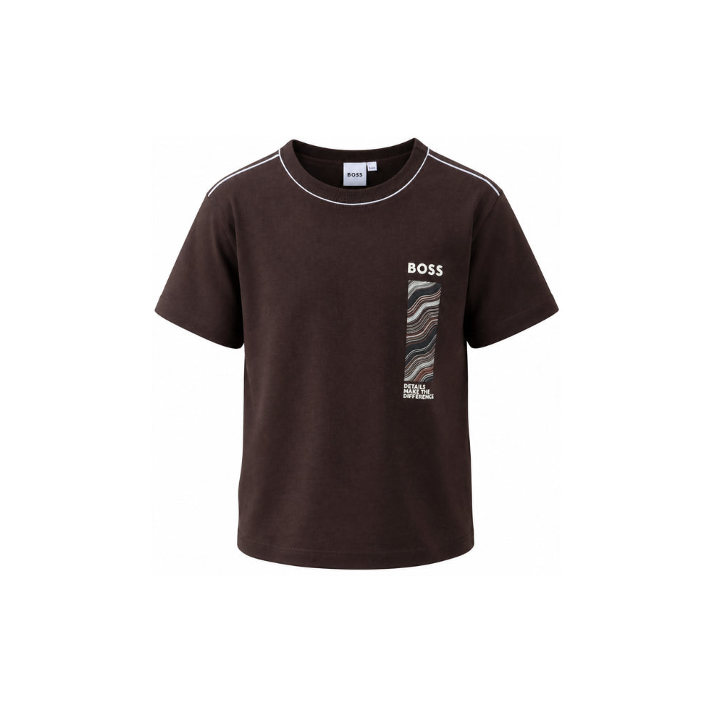 T-shirt per bambino Boss Kids marrone con stampa con logo sul davanti J53413 343 BOSS KIDS