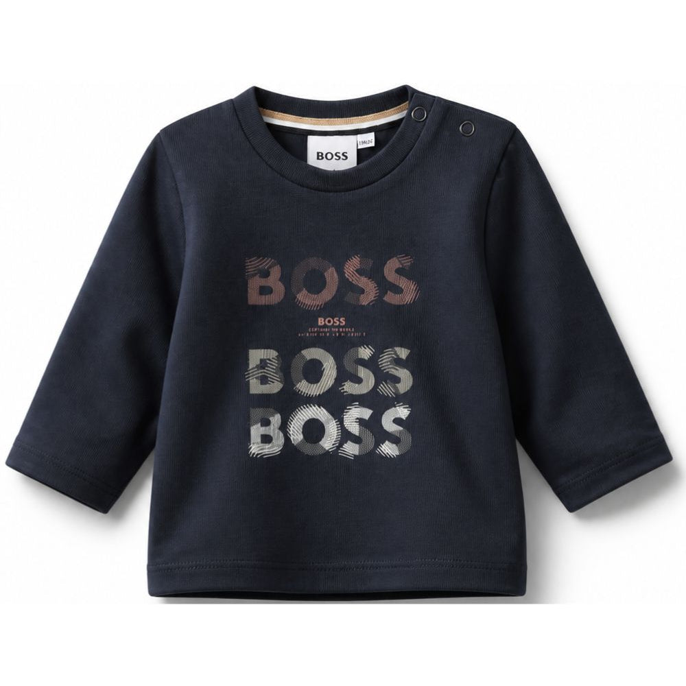 T-shirt per neonato Boss Kids blu con logo sul davanti J53497 849 BOSS KIDS