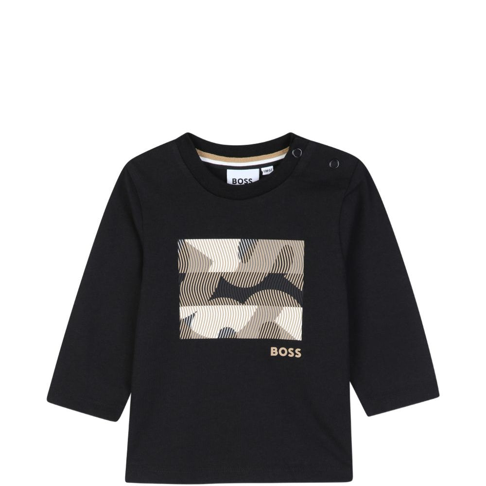 T-shirt per neonato Boss Kids nera con logo sul davanti J53502 09B BOSS KIDS