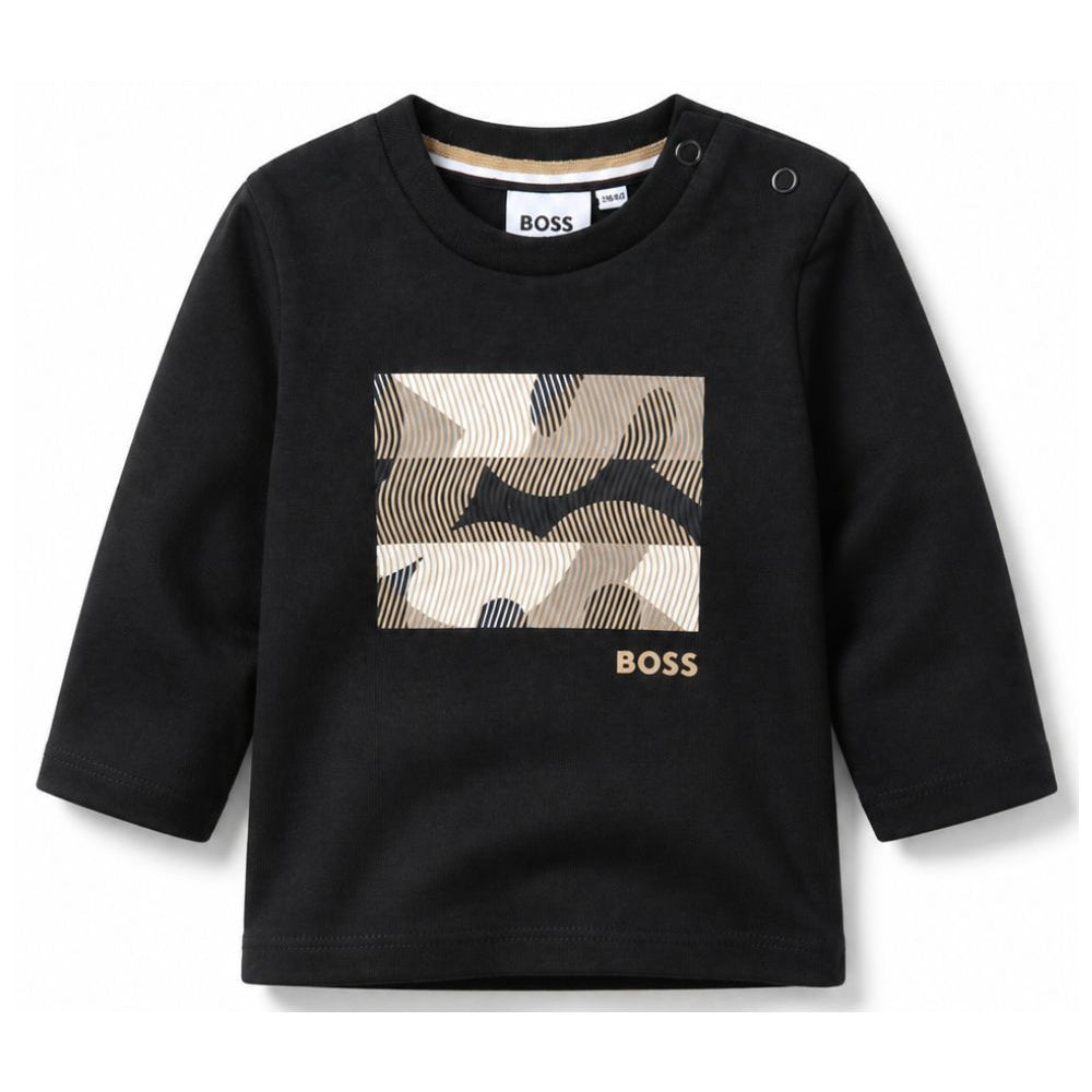 T-shirt per neonato Boss Kids nera con logo sul davanti J53502 09B BOSS KIDS