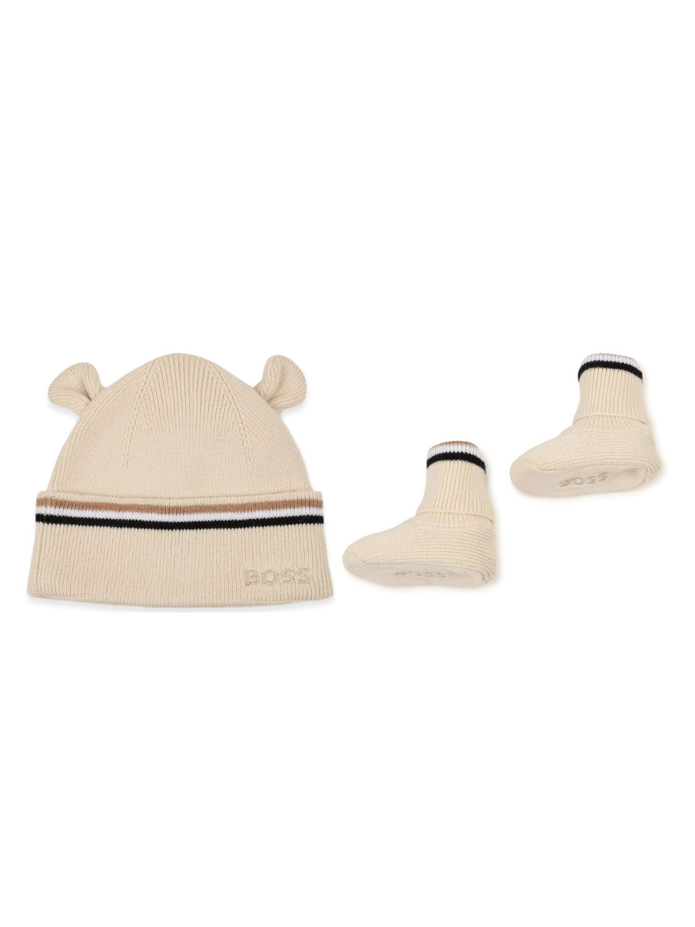 Set cappellino e scarpine primi passi per neonato Boss Kids biege con applicazione orecchie J53572 21K BOSS KIDS