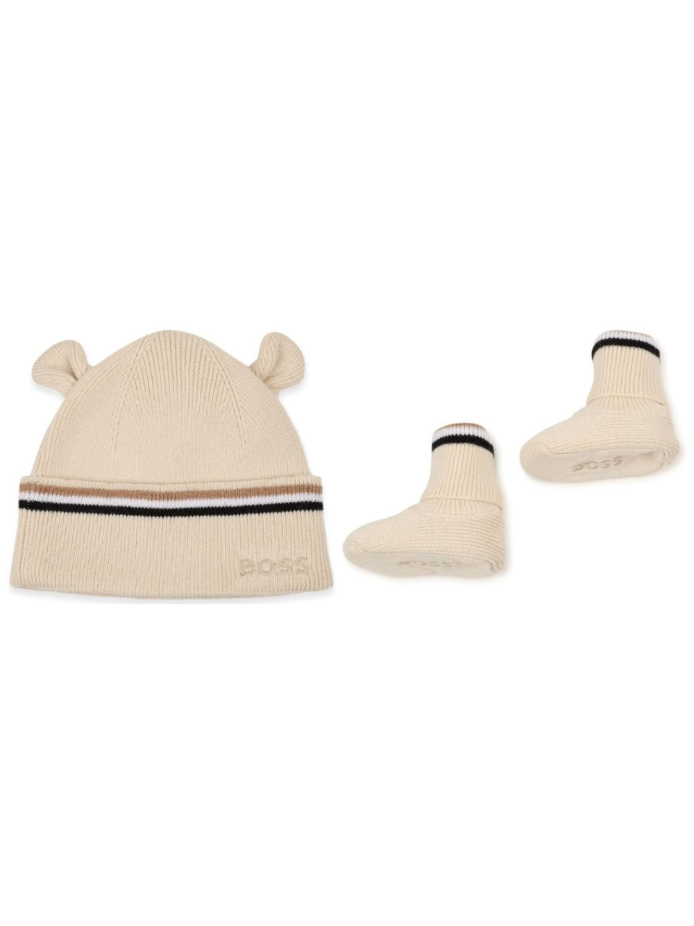 Set cappellino e scarpine primi passi per neonato Boss Kids biege con applicazione orecchie J53572 21K BOSS KIDS