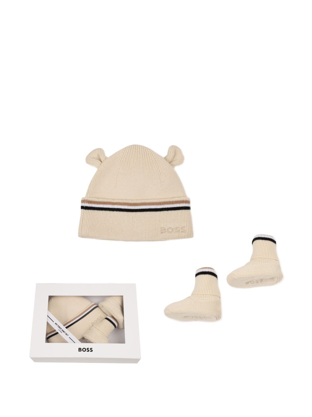 Set cappellino e scarpine primi passi per neonato Boss Kids biege con applicazione orecchie J53572 21K BOSS KIDS