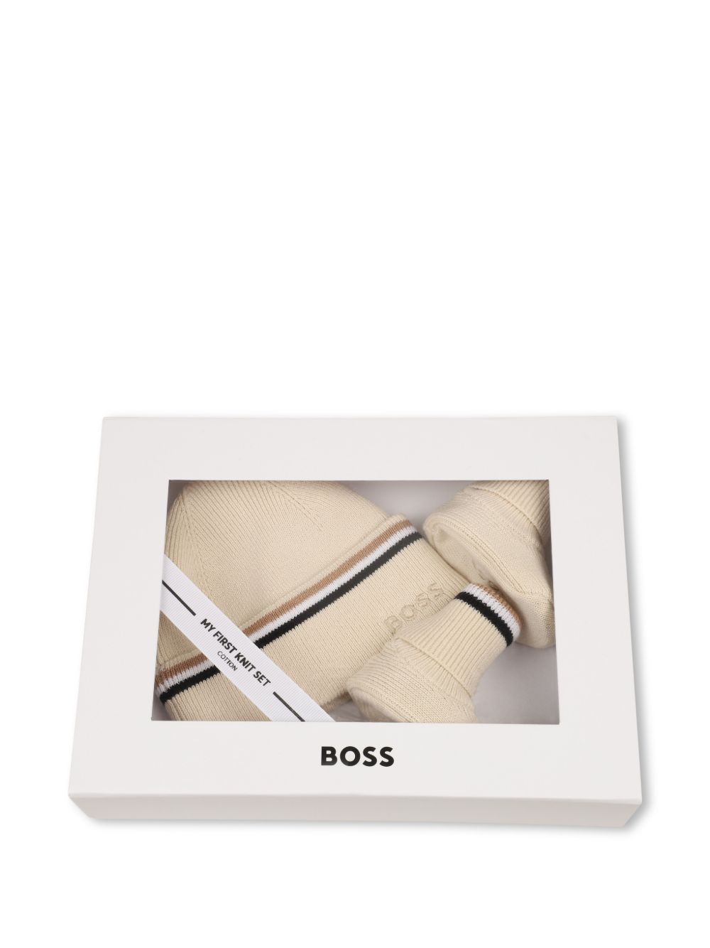 Set cappellino e scarpine primi passi per neonato Boss Kids biege con applicazione orecchie J53572 21K BOSS KIDS