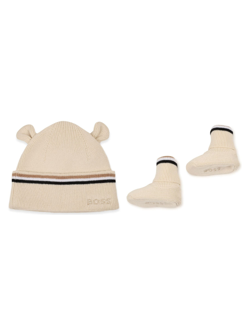 Set cappello e scarpine primi passi per neonato Boss Kids beige con lavorazione in maglia a coste J53577 269 BOSS KIDS
