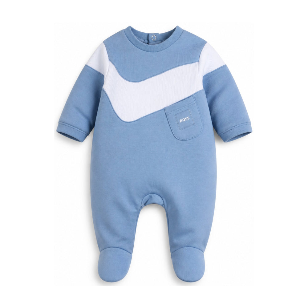 Tutina per neonato Boss Kids azzurra con applicazione frontale con logo J53603 81N BOSS KIDS