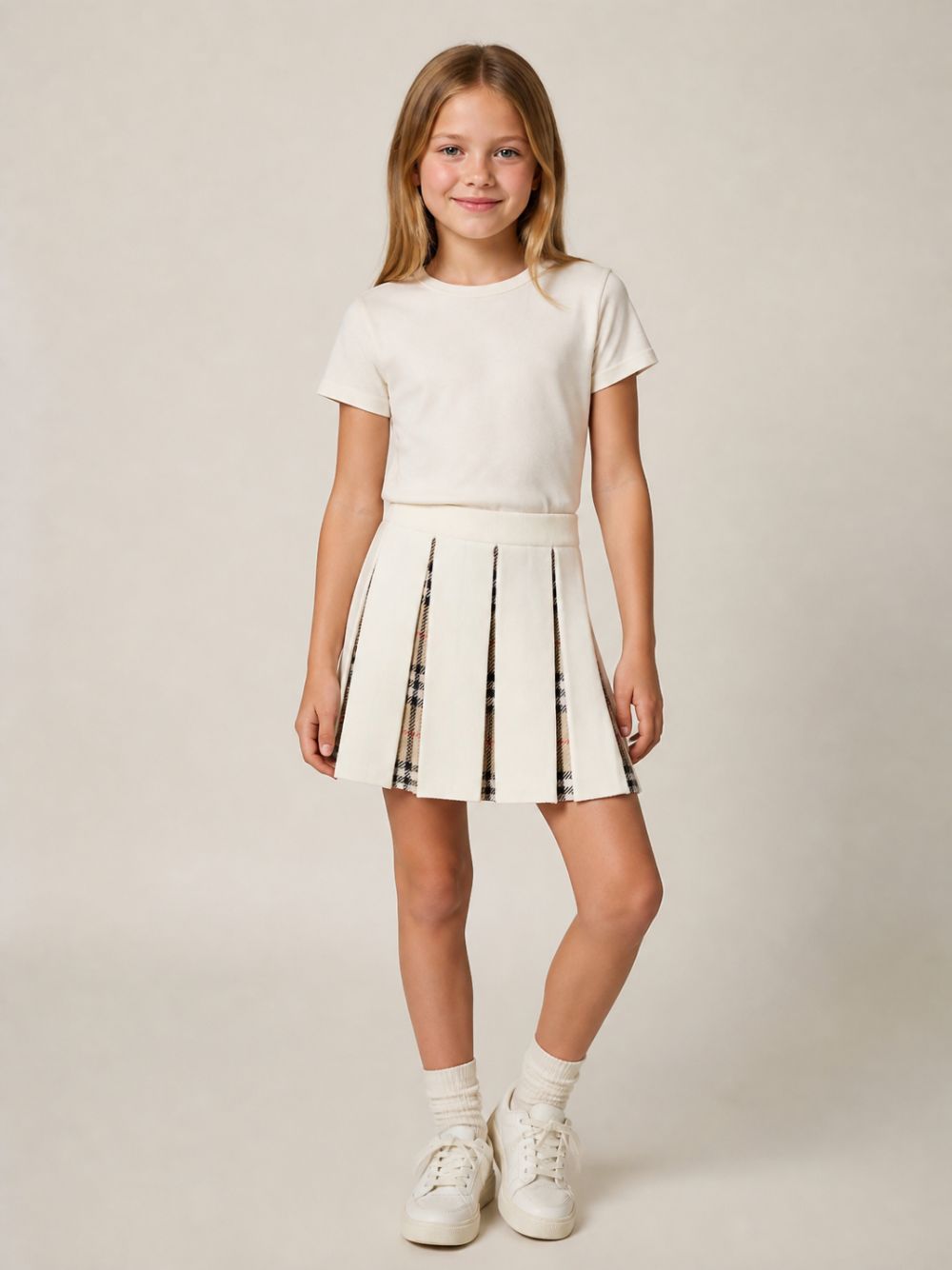 Gonna plissettata per bambina Burberry Kids beige in misto lana Check 8125915 A1452 BURBERRY KIDS