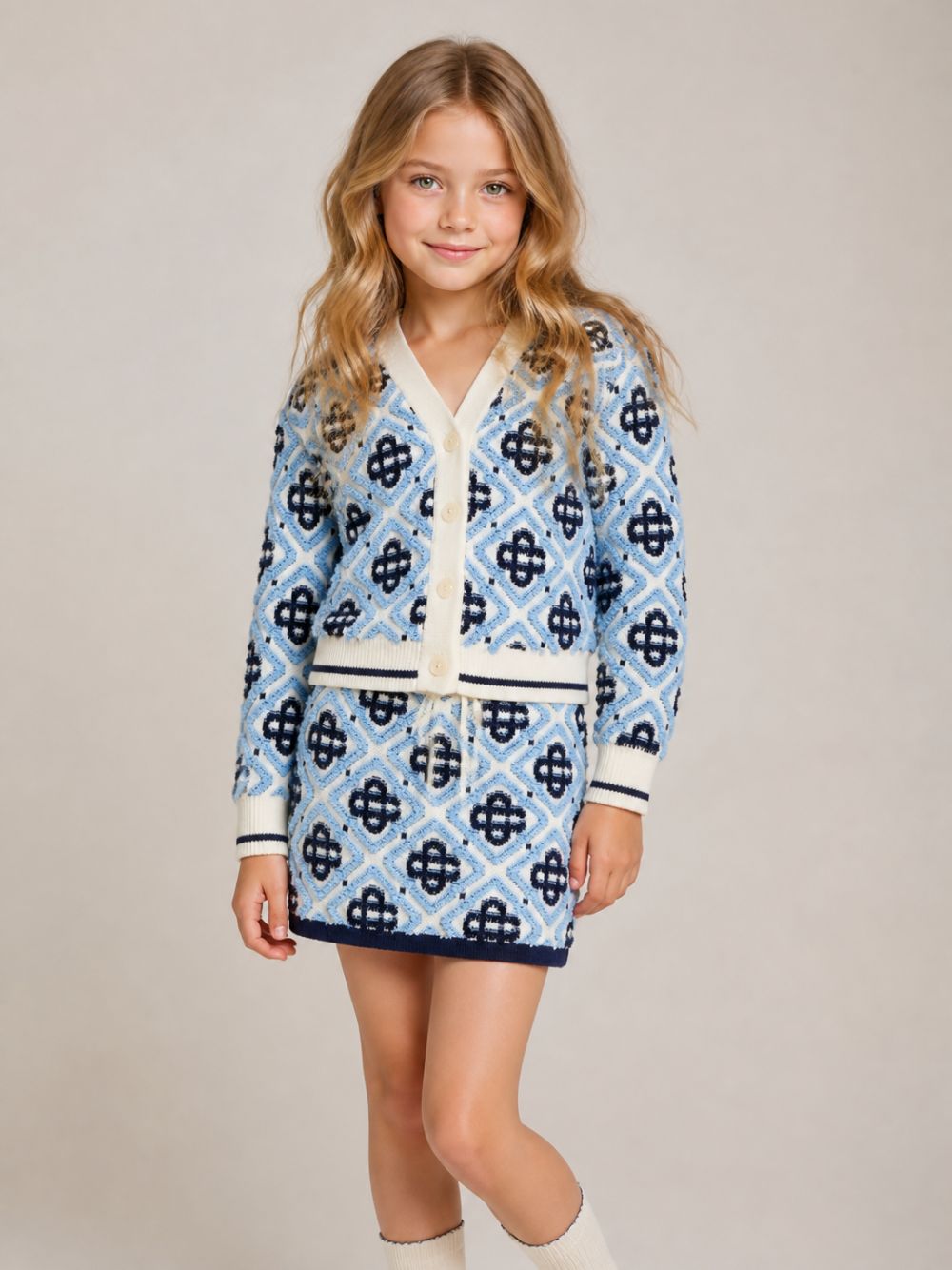 Cardigan per bambina Casablanca Kids azzurro con motivo mongramma all-over KPF26KW151201 MONOGRAM CASABLANCA KIDS