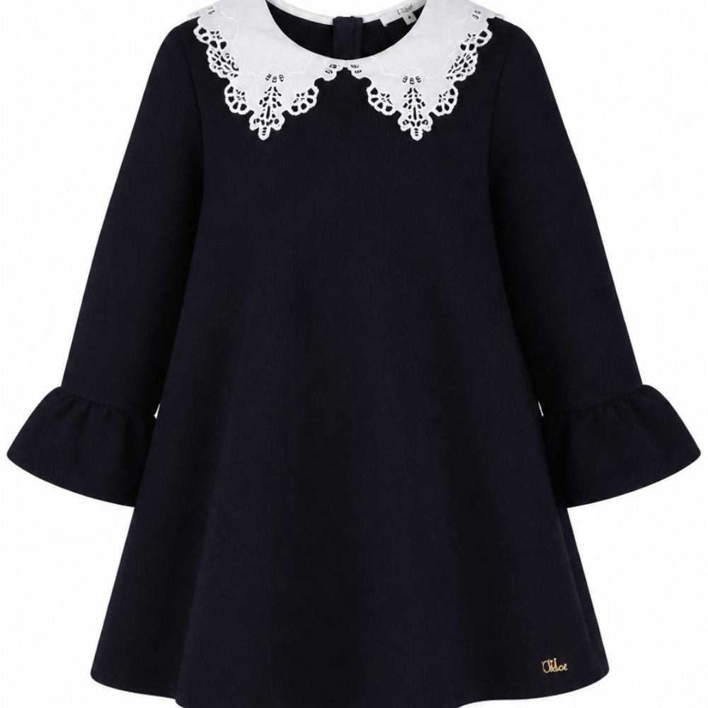 Abito per bambina Chloé Kids blu con colletto in broderie anglaise C21246 859 CHLOE' KIDS