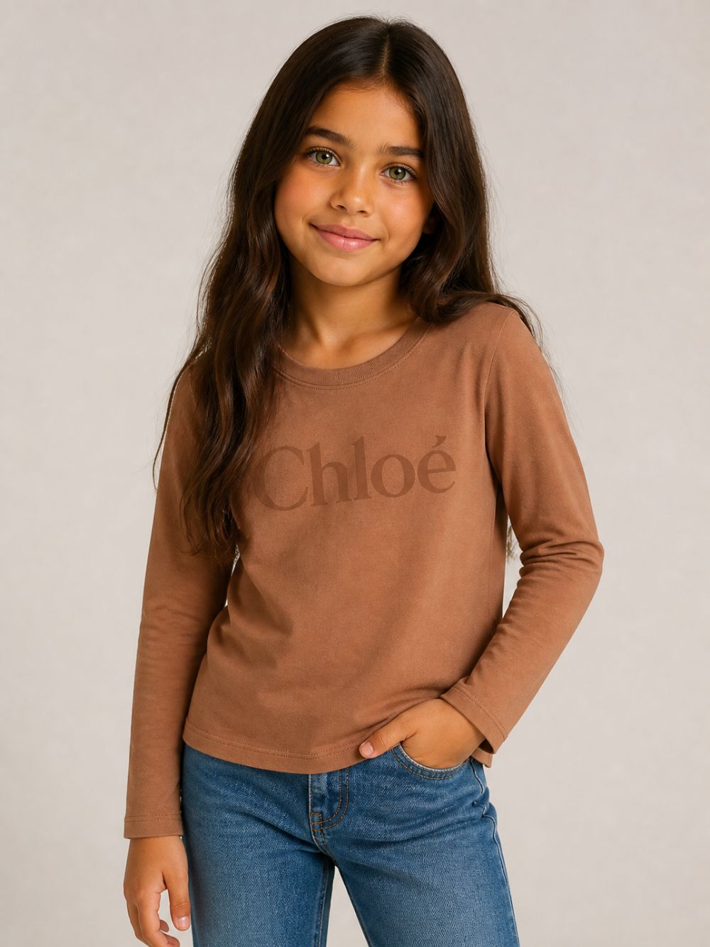 T-shirt per bambina Chloè Kids marrone con stampa logo sul davanti C21299 31F CHLOE' KIDS