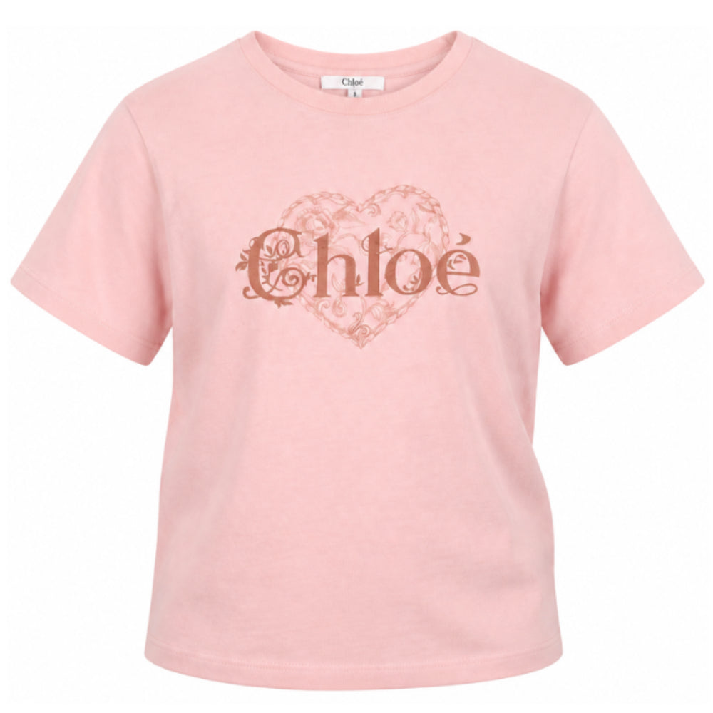 T-shirt per bambina Chloé Kids rosa con stampa con cuore C21300 461 CHLOE' KIDS