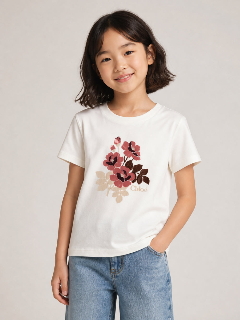 T-shirt per bambina Chloé Kids bianca con ricamo a fiori C21303 148 CHLOE' KIDS
