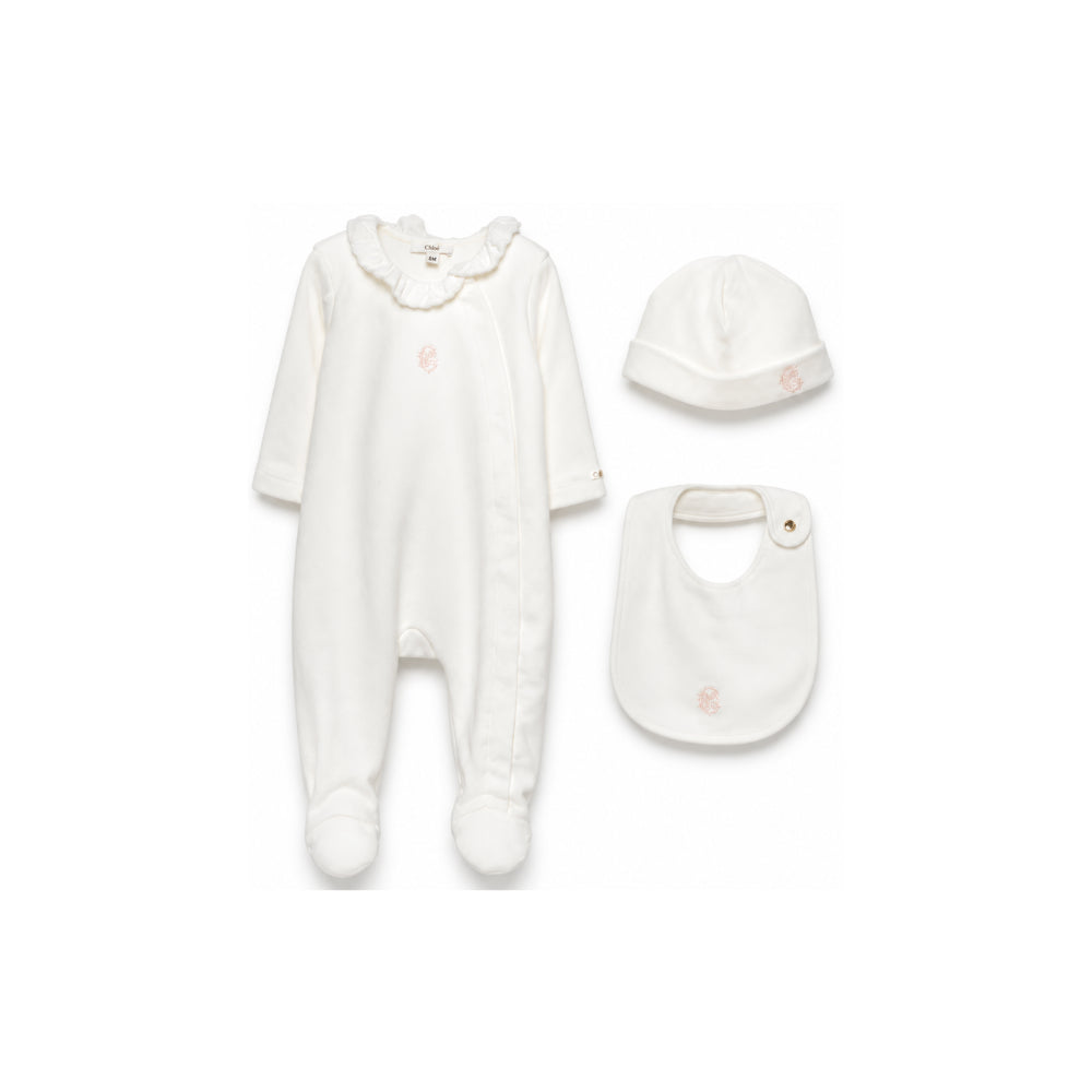 Set Tutina, cappello e bavaglino per neonata Chloé Kids bianco con ruches C21367 117 CHLOE' KIDS