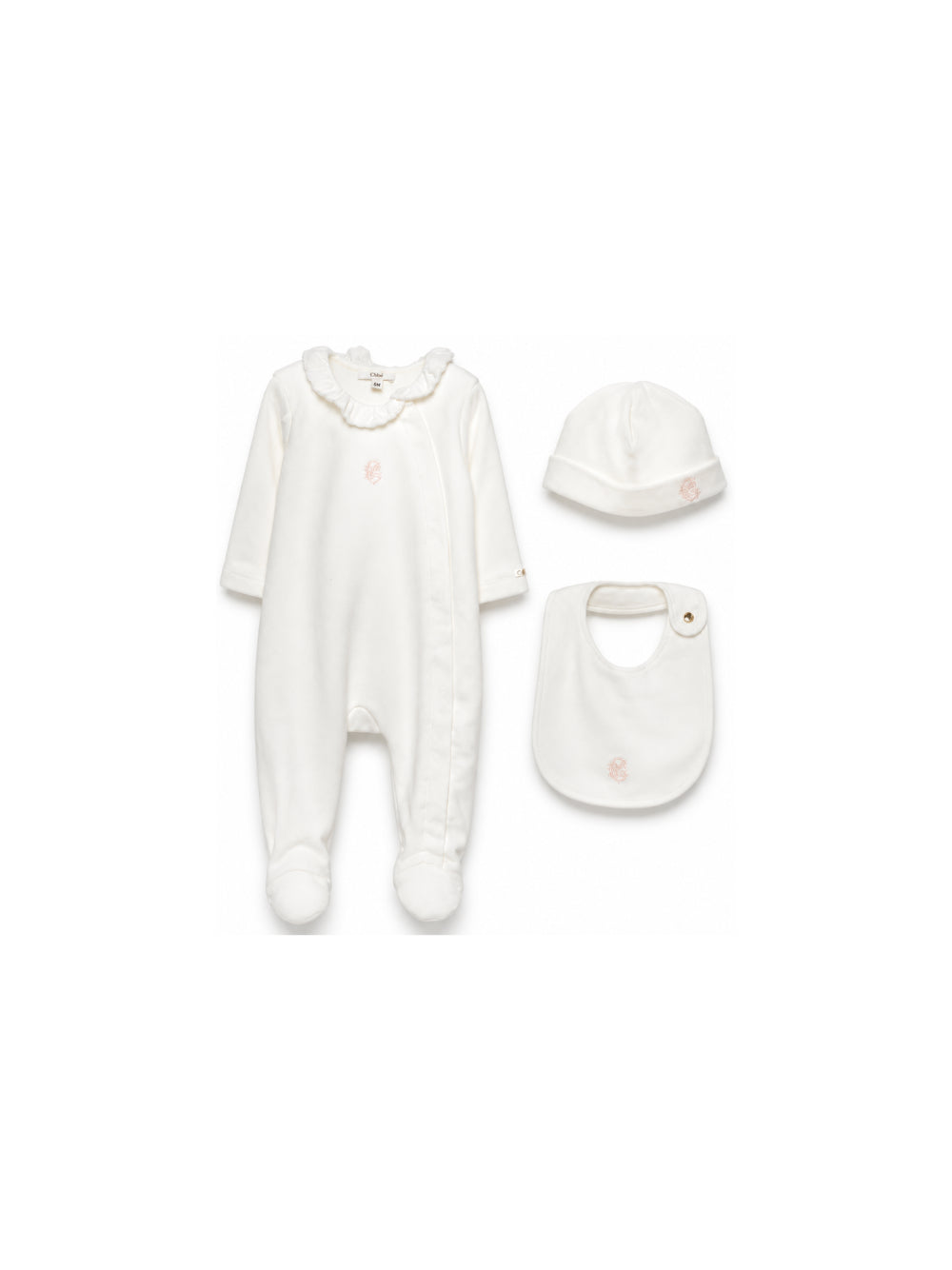 Set Tutina, cappello e bavaglino per neonata Chloé Kids bianco con ruches C21367 117 CHLOE' KIDS