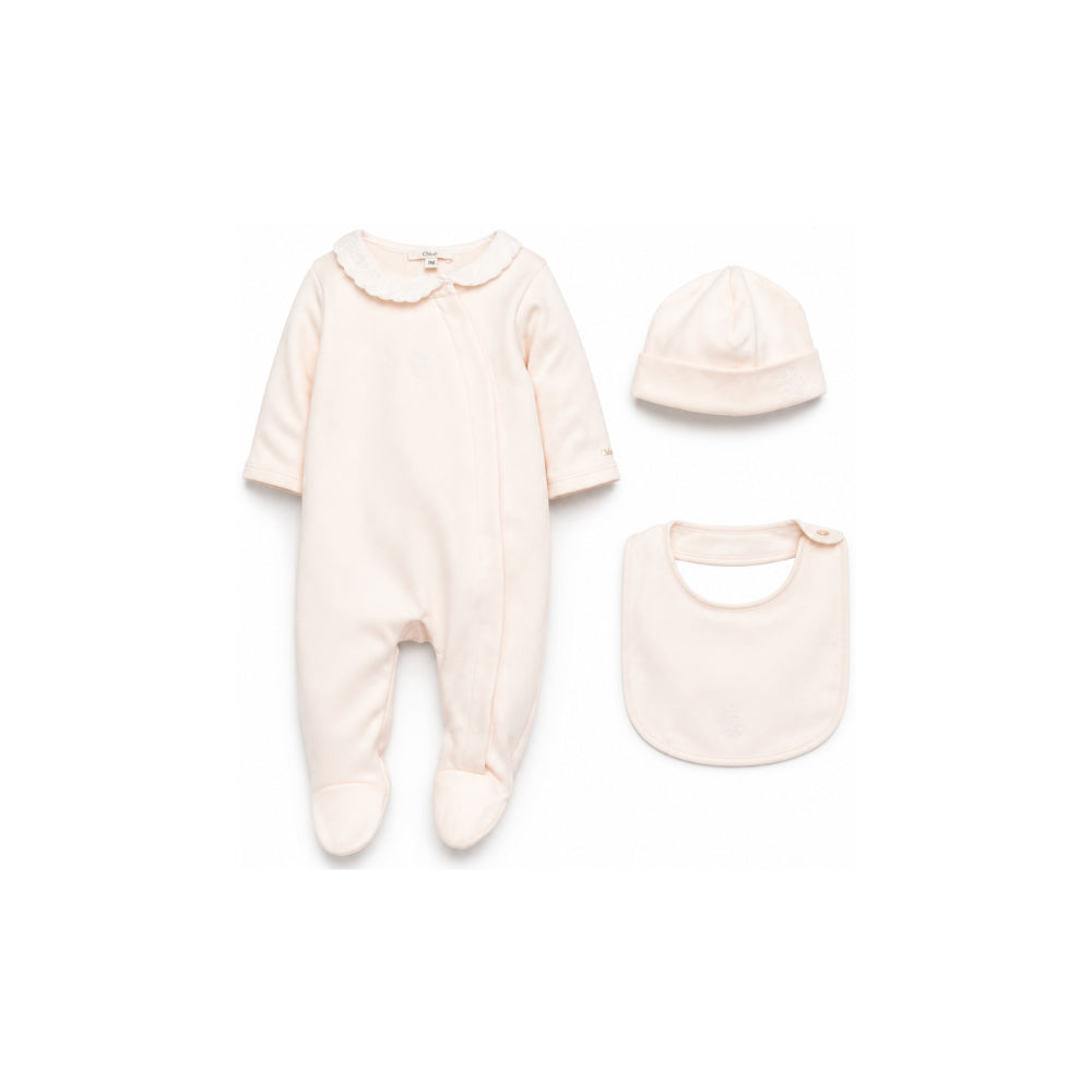 Set Tutina, cappello e bavaglino per neonata Chloé Kids risa salmone con ruches C21367 440 CHLOE' KIDS