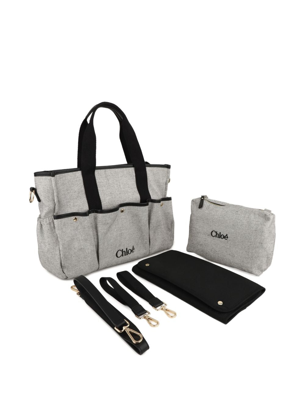 Borsa fasciatoio per neonati Chloé Kids grigia con logo ricamato frontale C21398 A46 CHLOE' KIDS