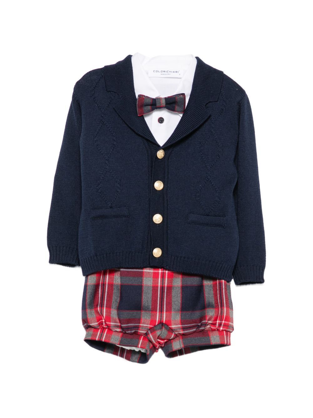 Set camicia giacca shorts e papillon per neonato Colorichiari multicolore con design tartan MN408707 4997c 70 COLORICHIARI
