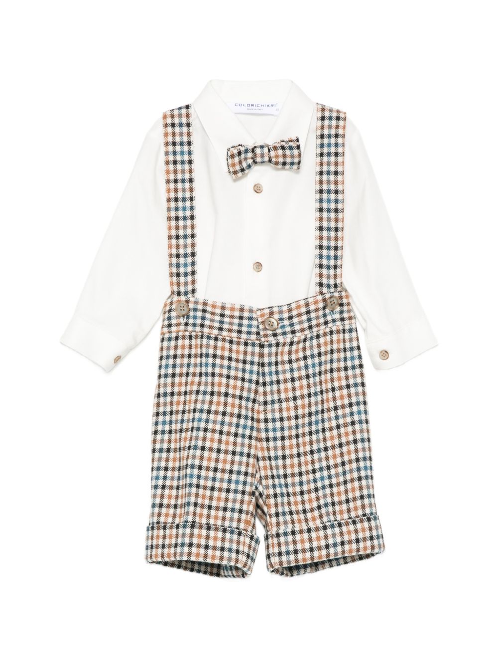 Completo giacca camicia pantaloni e papillon per neonato Colorichiari beige con motivo a quadri MN408726 4532 26 COLORICHIARI