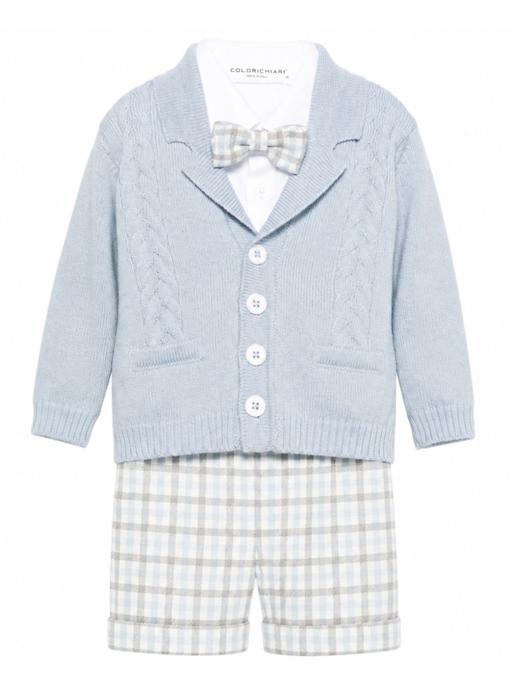 Set cardigan camicia shorts e papillon per neonato Colorichiari azzurro con design a quadri MN408733 5010c 51 COLORICHIARI