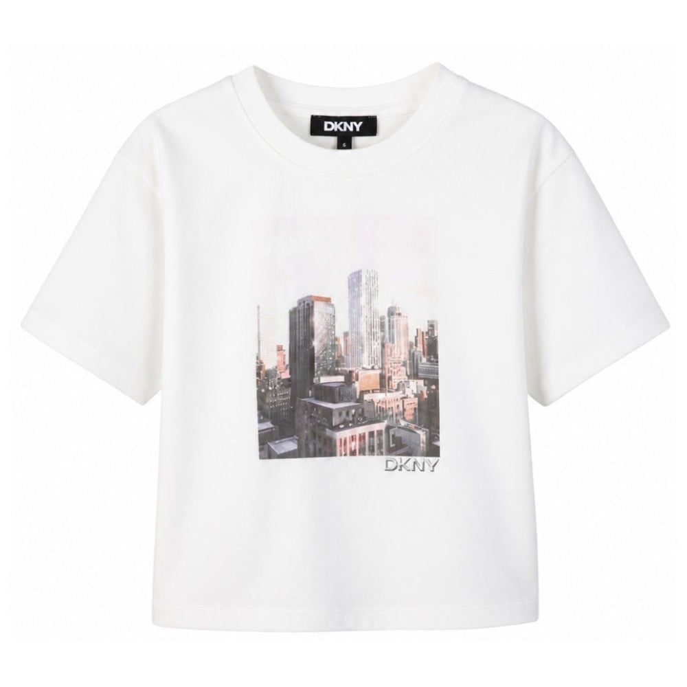 T-shirt per bambina DKNY Kids bianca con stampa grafica D62919 117 DKNY KIDS