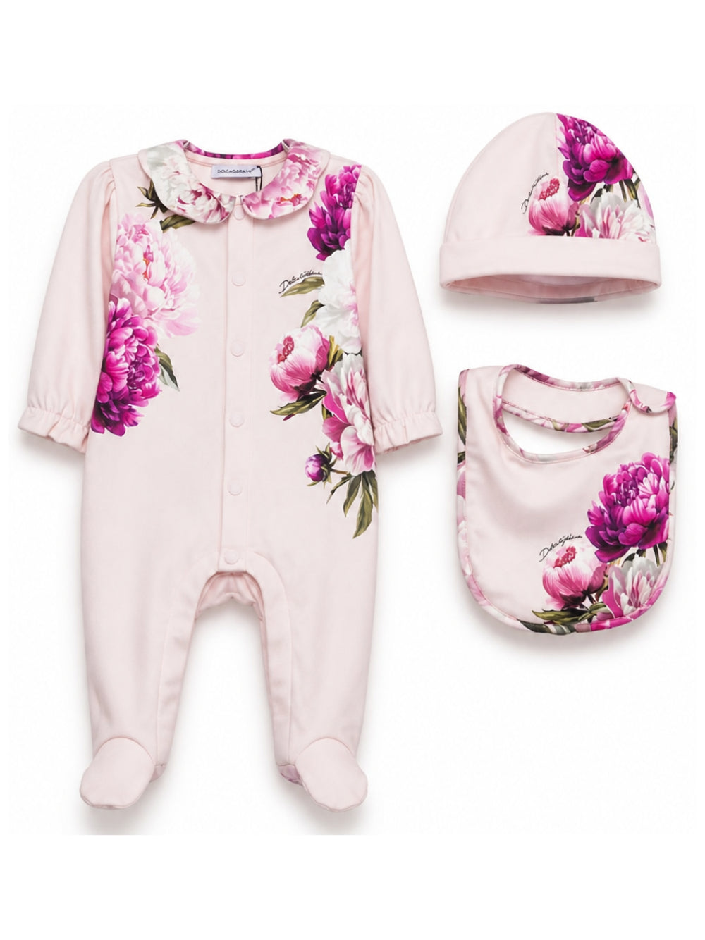 Set tutina, bavaglino e berretto per neonata Dolce & Gabbana Kids rosa con stampa floreale L2JO5I G7Q0N HF6FZ DOLCE & GABBANA KIDS