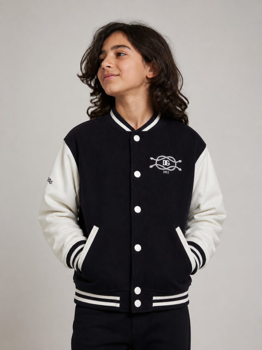 Bomber per bambino Dolce & Gabbana Kids nero con manicotti in pelle L42BA3 G7QNE S9000 DOLCE & GABBANA KIDS