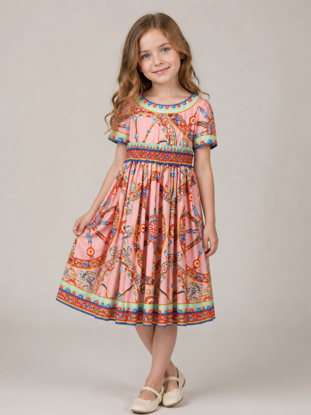 Abito per bambina Dolce & Gabbana Kids rosa con stampa Carretto Siciliano L53DU2 FI5O1 HF6CK DOLCE & GABBANA KIDS