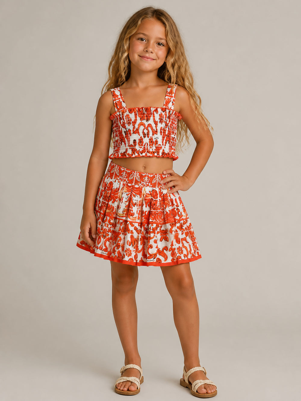 Gonna per bambina Dolce & Gabbana Kids arancione con motivo maiolica L54I49 G7P4N IO5DQ DOLCE & GABBANA KIDS
