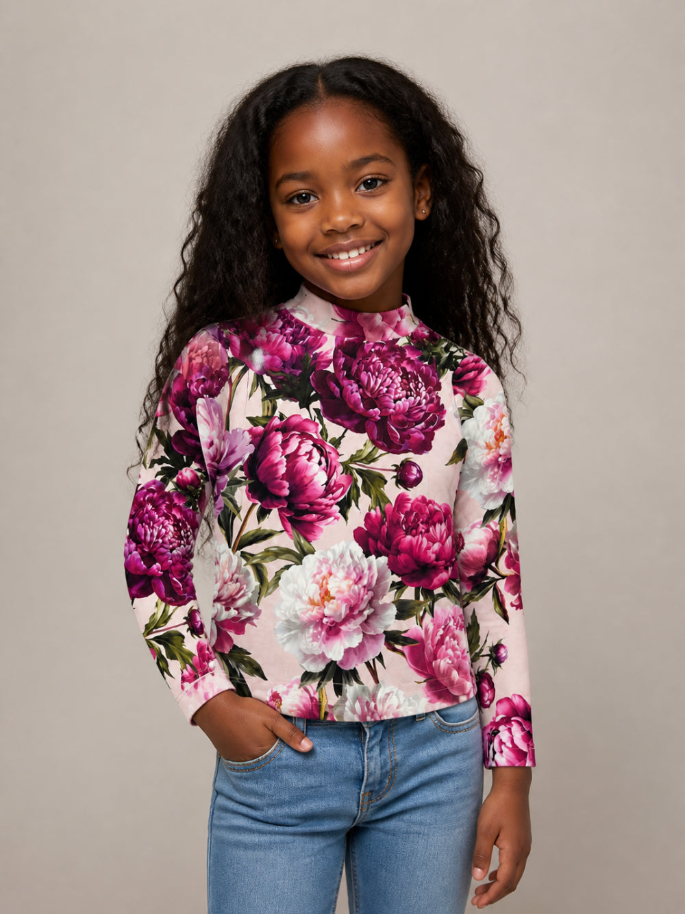 Maglia per bambina Dolce & Gabbana Kids beige con stampa peonie L5JTLE G7QZU HF6FZ DOLCE & GABBANA KIDS
