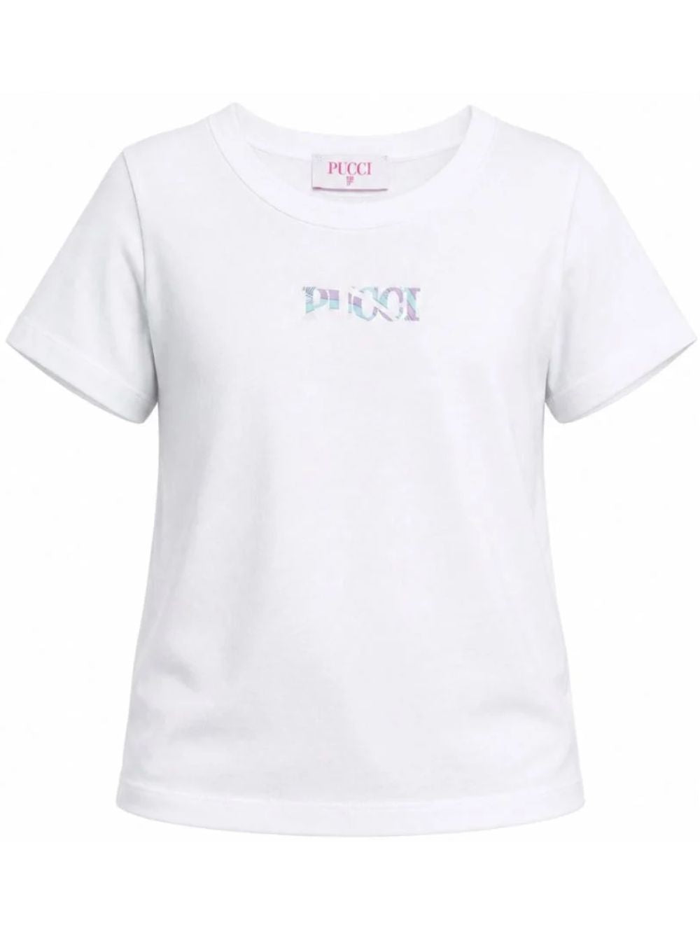 T-shirt per bambina Emilio Pucci Junior bianca con dettaglio logo con motivo Iride PZ8A21 Z3672 100 EMILIO PUCCI KIDS