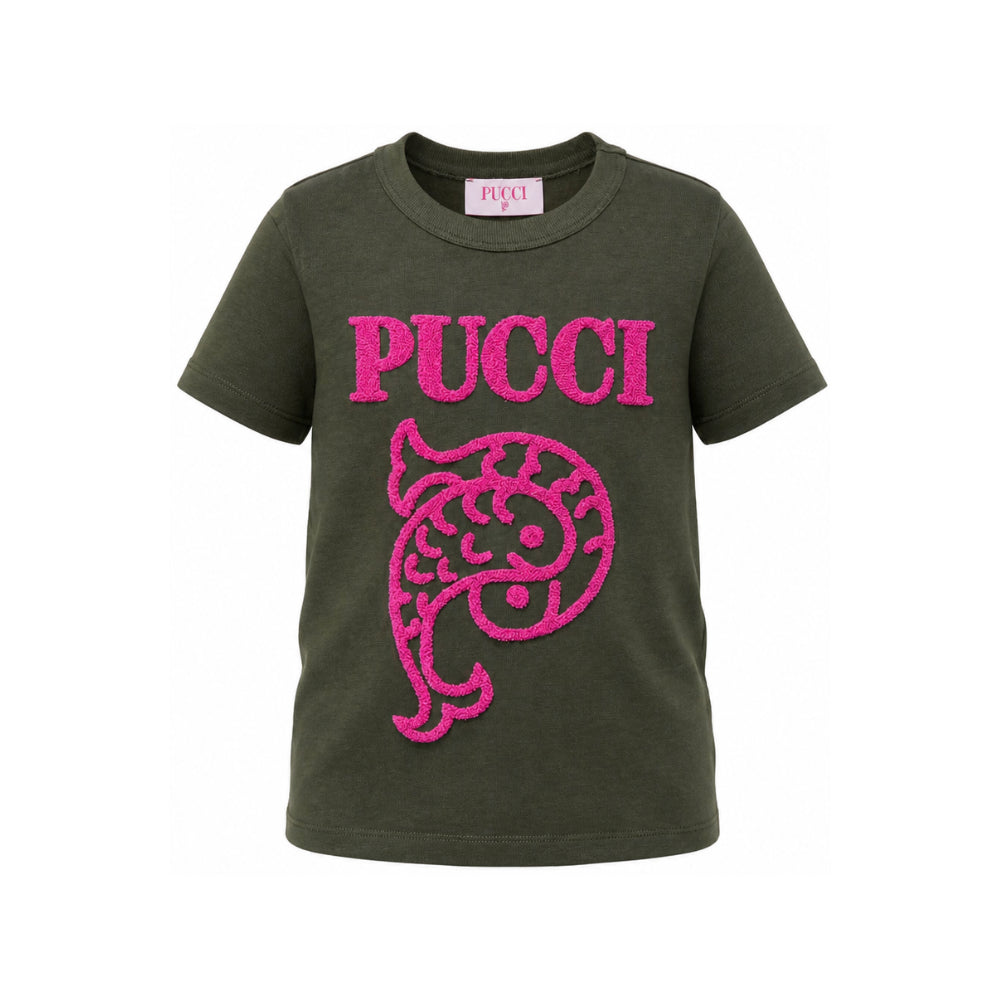 T-shirt per bambina Emilio Pucci Kids verde con logo ricamato sul davanti PZ8B31 Z3277 70JFU EMILIO PUCCI KIDS
