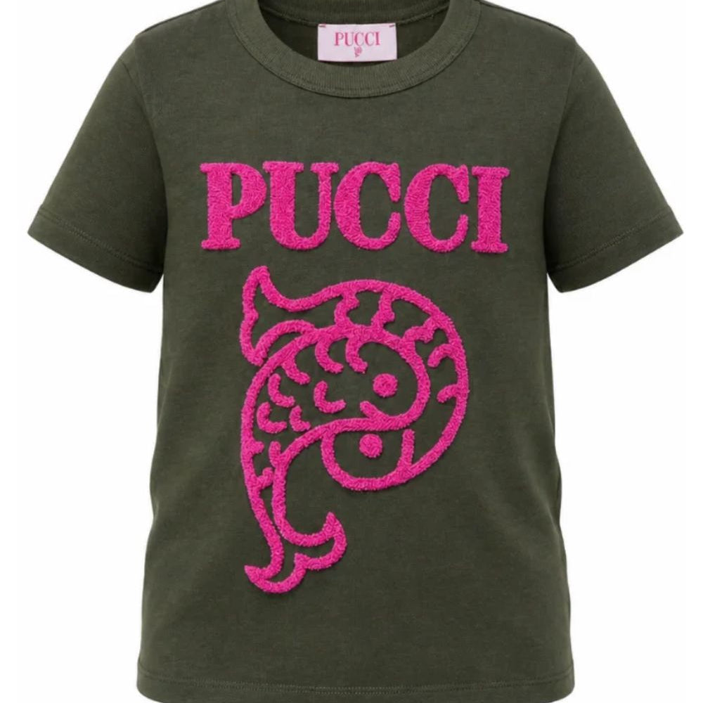 T-shirt per bambina Emilio Pucci Kids verde con logo ricamato sul davanti PZ8B31 Z3277 70JFU EMILIO PUCCI KIDS