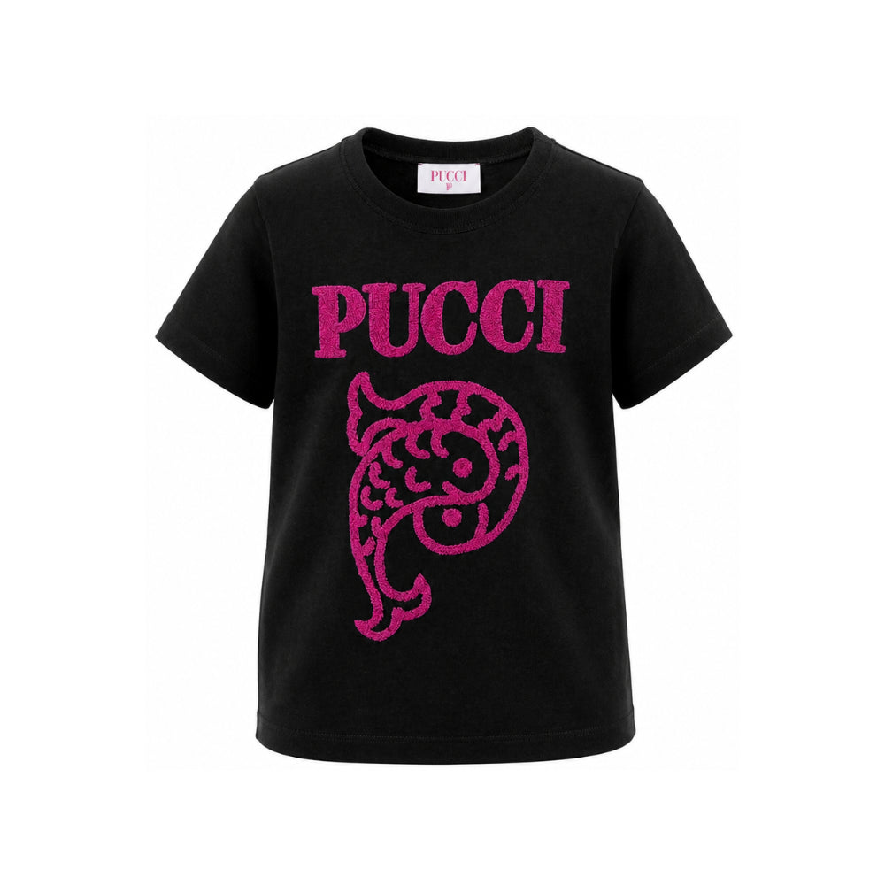 T-shirt per bambina Emilio Pucci Kids nera con logo ricamato sul davanti PZ8B31 Z3277 930FU EMILIO PUCCI KIDS