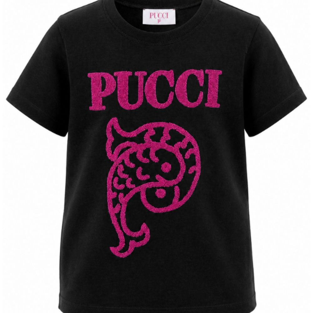 T-shirt per bambina Emilio Pucci Kids nera con logo ricamato sul davanti PZ8B31 Z3277 930FU EMILIO PUCCI KIDS