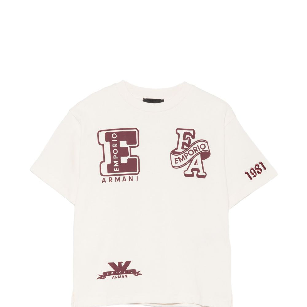 T-shirt per bambino Emporio Armani Kids bianca opaca con stampa logo sul davanti EB001362 AF13715 U1009 EMPORIO ARMANI KIDS