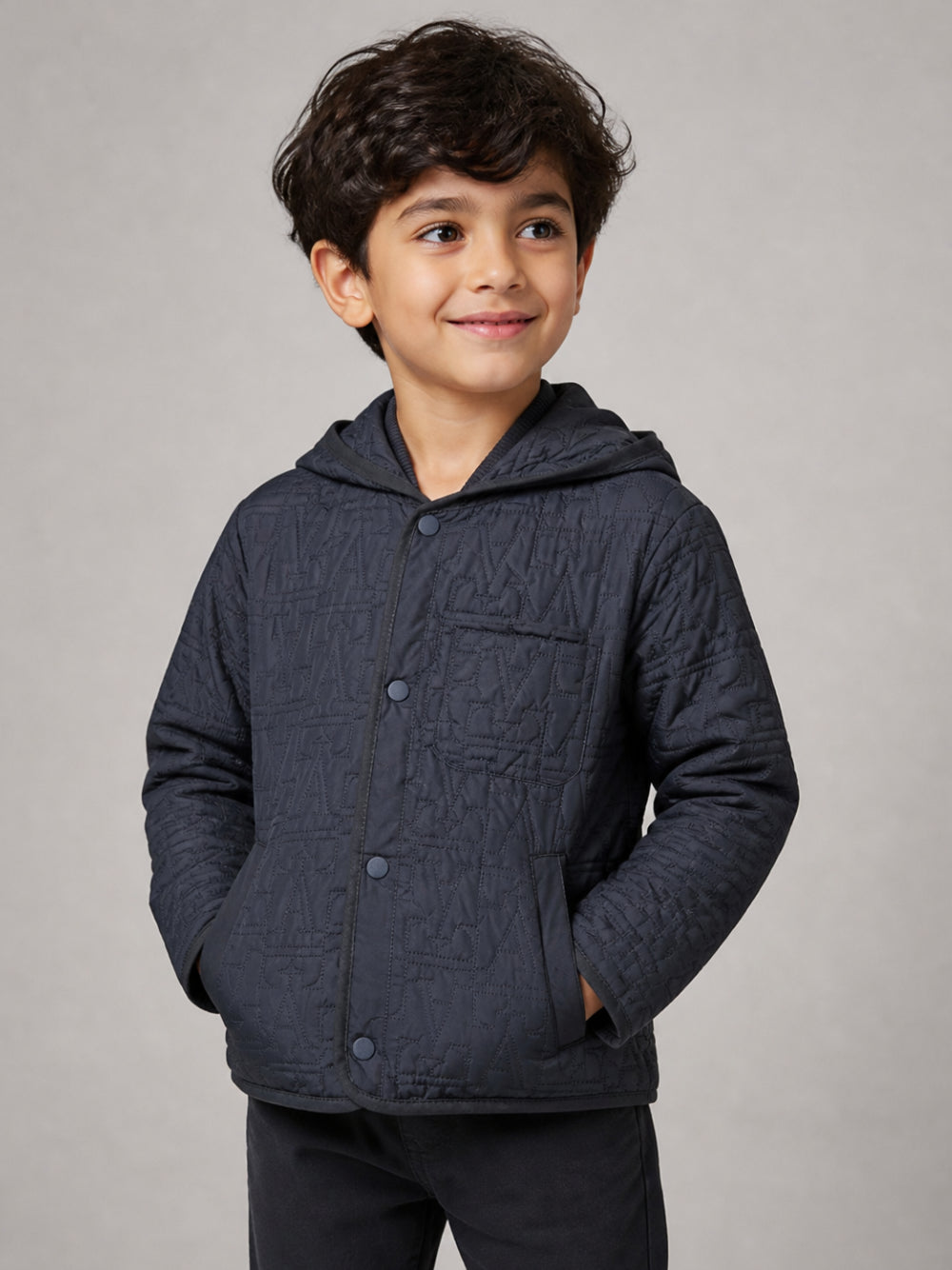 Giubbino per bambino Emporio Armani Kids grigio con ricamo logo all-over EB001517 AF28746 UA030 EMPORIO ARMANI KIDS
