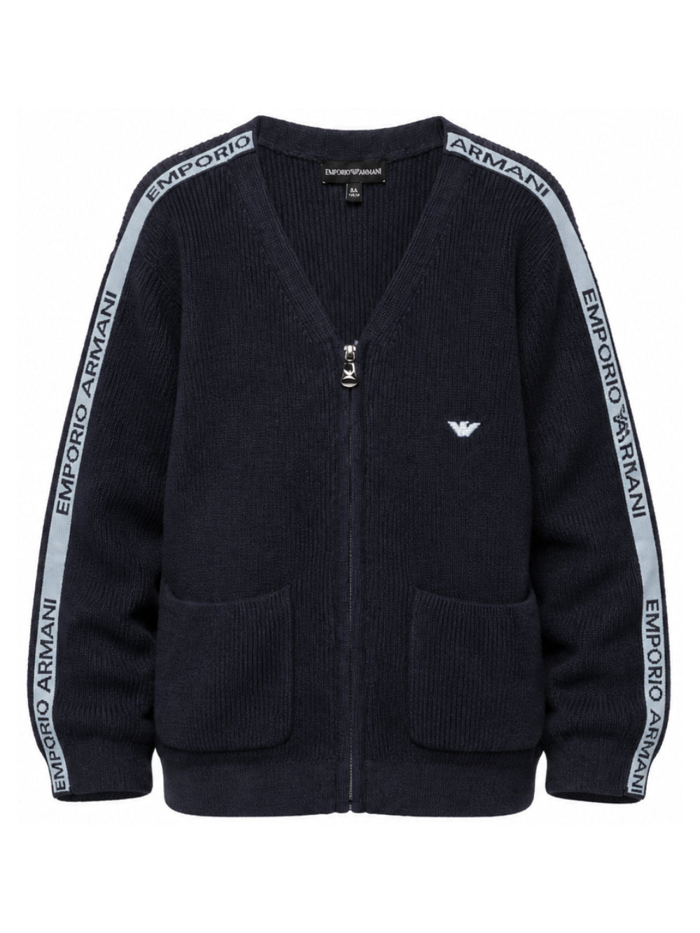 Cardigan per bambino Emporio Armani Kids blu navy con dettaglio logo sullle maniche EB001585 AF27315 UB118 EMPORIO ARMANI KIDS