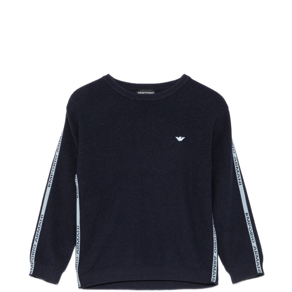 Maglione per bambino Emporio Armani Kids blu con stampa logo sulle maniche EB001586 AF27315 UB118 EMPORIO ARMANI KIDS