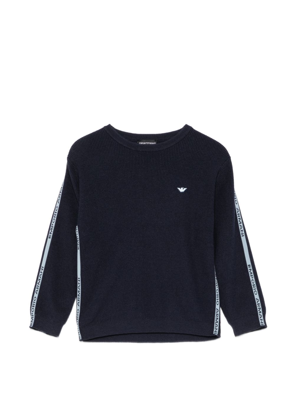 Maglione per bambino Emporio Armani Kids blu con stampa logo sulle maniche EB001586 AF27315 UB118 EMPORIO ARMANI KIDS