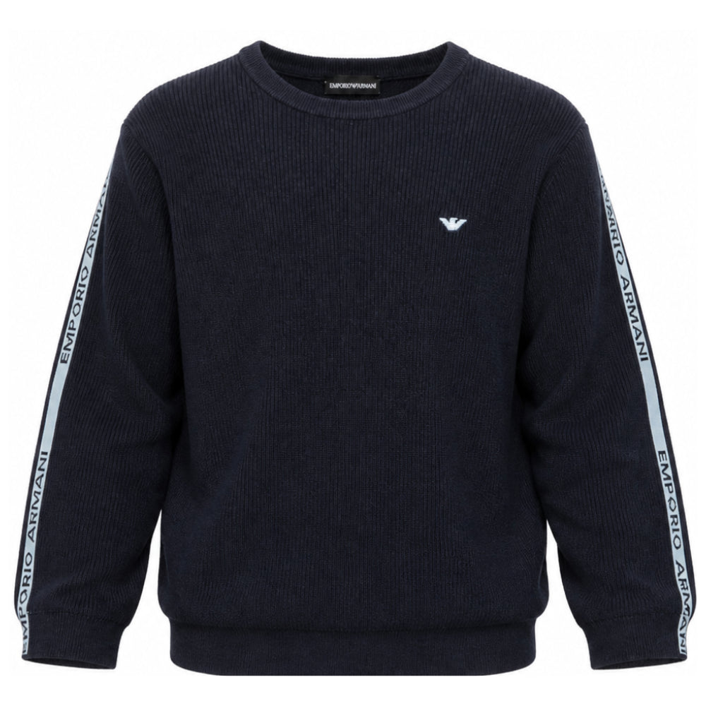 Maglione per bambino Emporio Armani Kids blu con stampa logo sulle maniche EB001586 AF27315 UB118 EMPORIO ARMANI KIDS