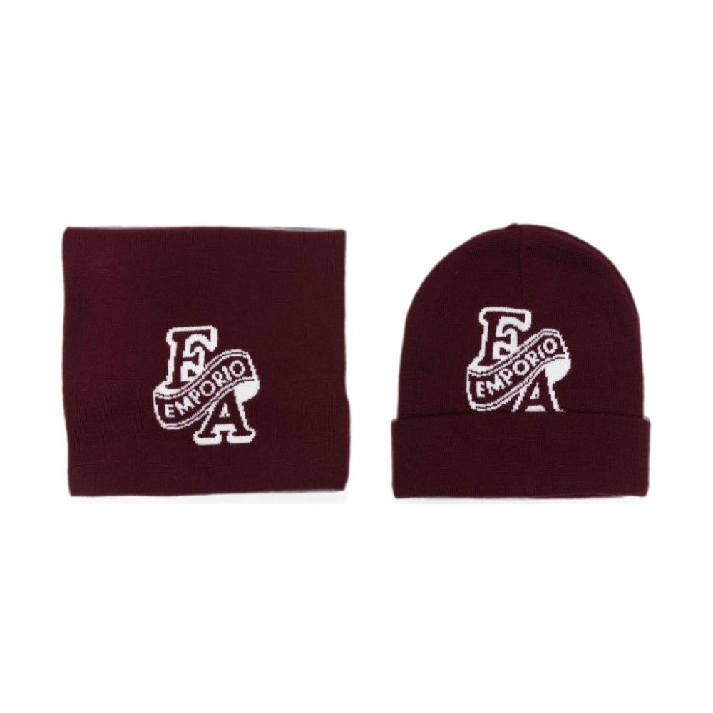 Sciarpa e berretto per bambino Emporio Armani Kids bordeaux con logo in maglia intarsiata EB001678 AF27314 UA343 EMPORIO ARMANI KIDS