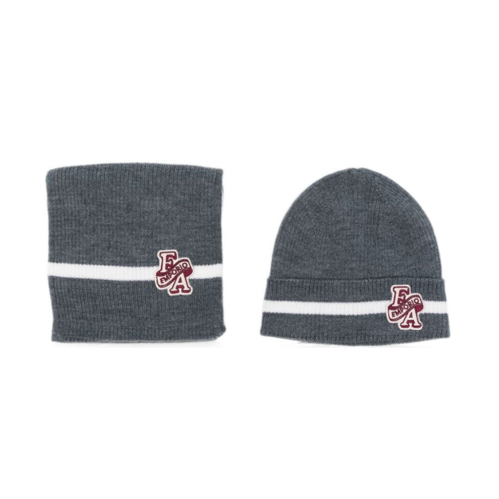 Sciarpa e berretto per neonato Emporio Armani Kids grigio con logo intarsiato EB001679 AF27314 O8035 EMPORIO ARMANI KIDS