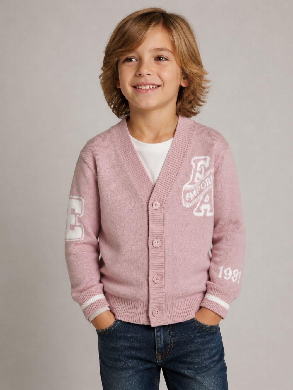 Cardigan per bambina Emporio Armani Kids rosa con decorazioni ricamate EB001686 AF27314 UA266 EMPORIO ARMANI KIDS