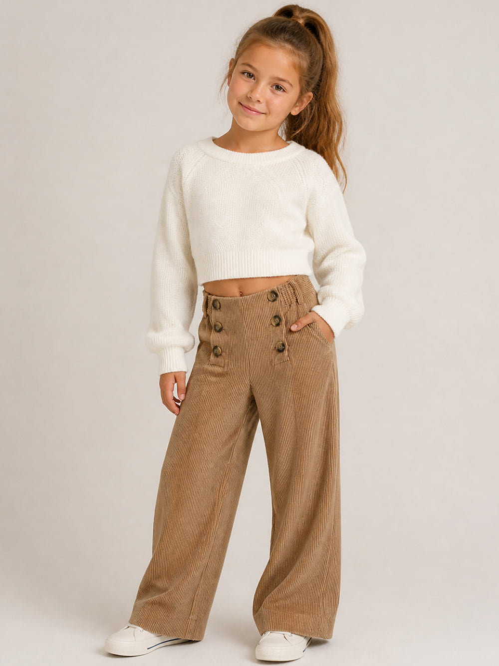 Pantaloni per bambina Ermanno Scervino Kids beige con trama a coste Z1H409 8855 0003 ERMANNO SCERVINO KIDS