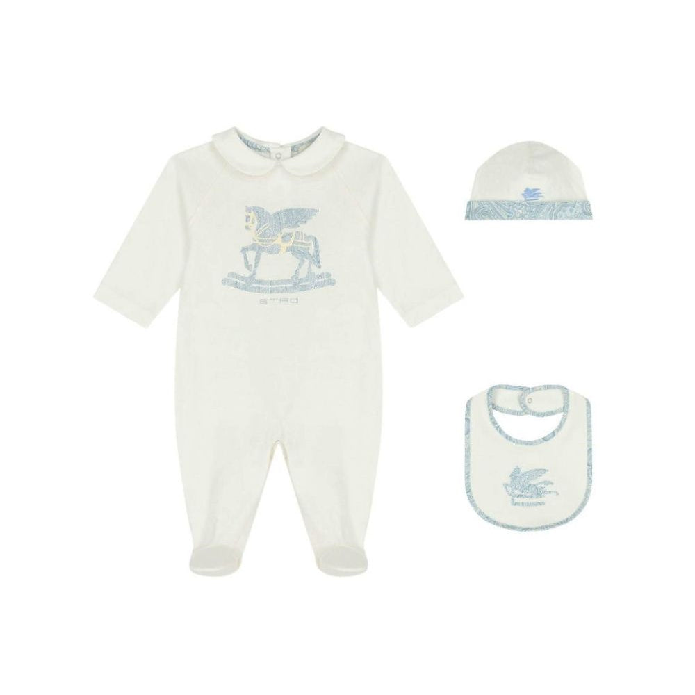 Set tutina cappellino e bavaglino per neonato Etro Kids multicolore con stampa Pegaso sul davanti GYB540 Z3672 102CE ETRO KIDS