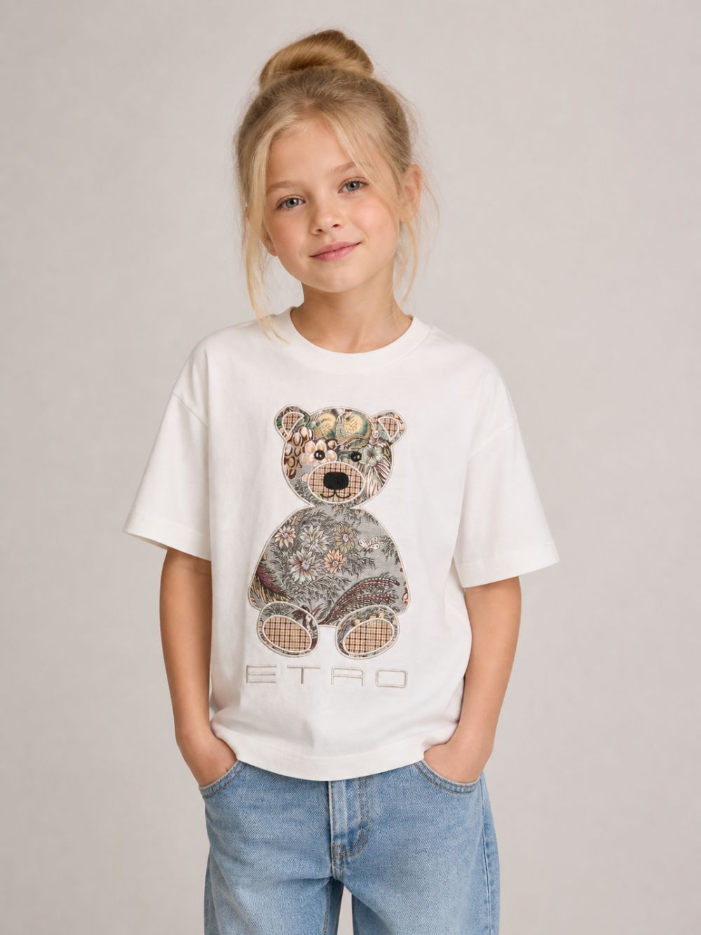 T-shirt per bambini Etro Kids bianca con ricamo orso sul davanti GZ8P31 Z3672 102 ETRO KIDS