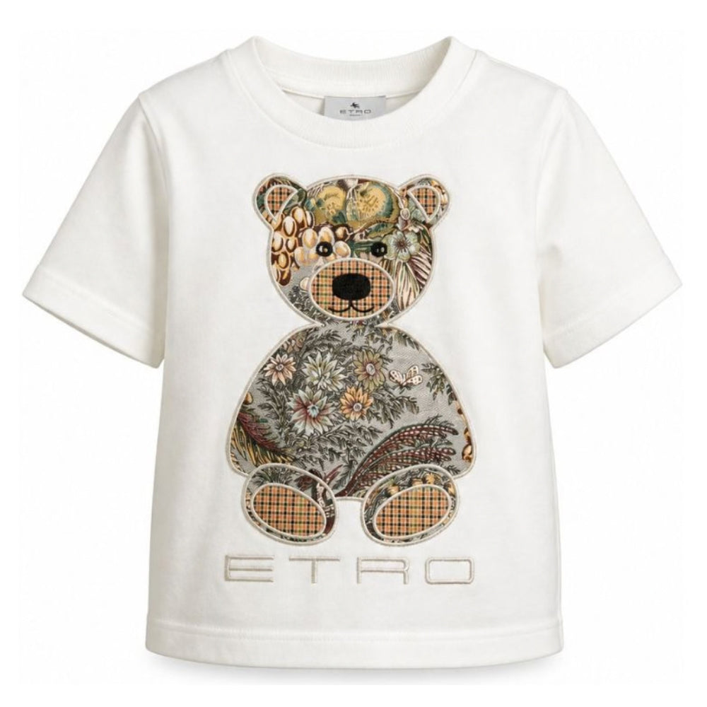 T-shirt per bambini Etro Kids bianca con ricamo orso sul davanti GZ8P31 Z3672 102 ETRO KIDS