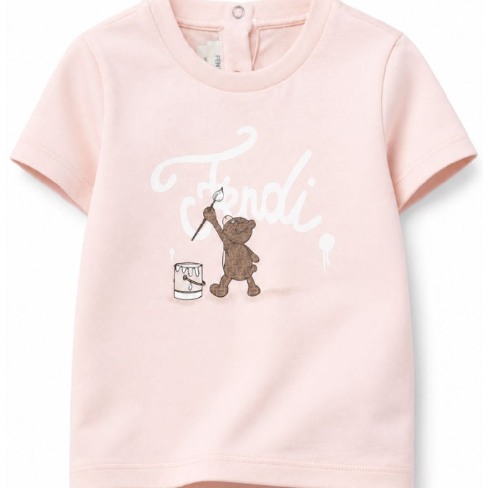 T-shirt per neonata Fendi Kids rosa con logo sul davanti BUI120 AY8D F1UL9 FENDI KIDS