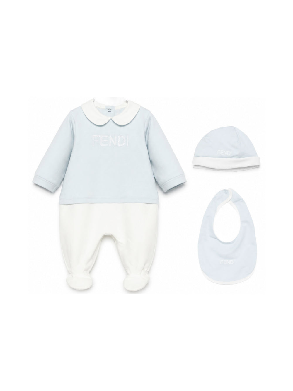 Set tutina cappellino e bavaglino per neonato Fendi Kids azzurro con logo ricamato sul davanti BUK165 8RA F19J4 FENDI KIDS